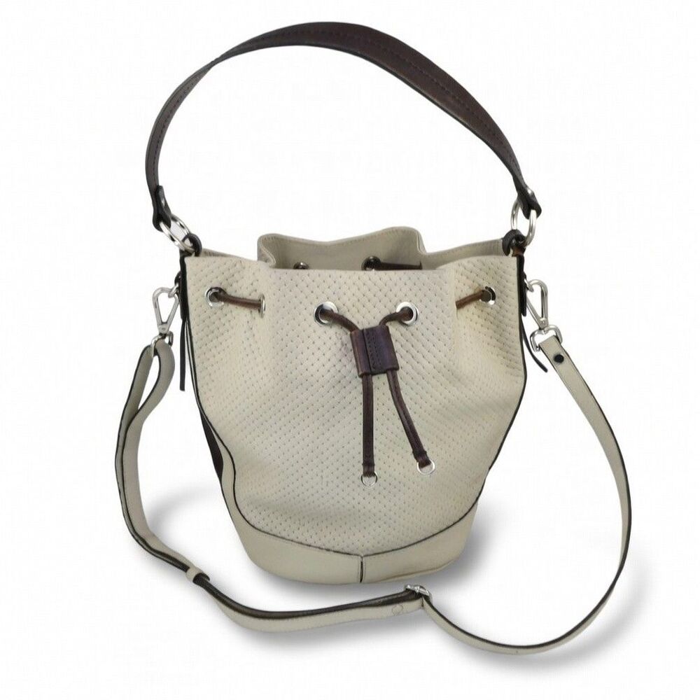 The Trend Mini Aston Leather Perforated Off White Drawstring Bucket Bag